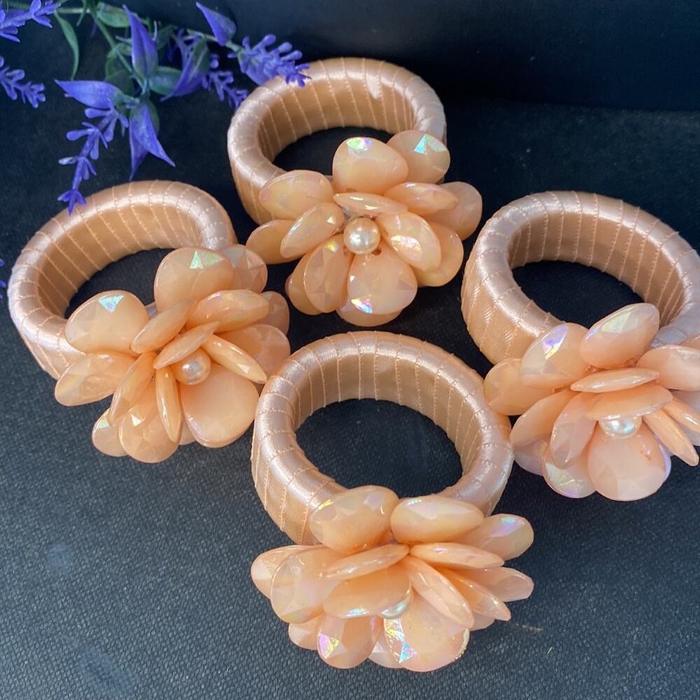 Peach iridescent beaded floral and pearl napkin rings lot of 4